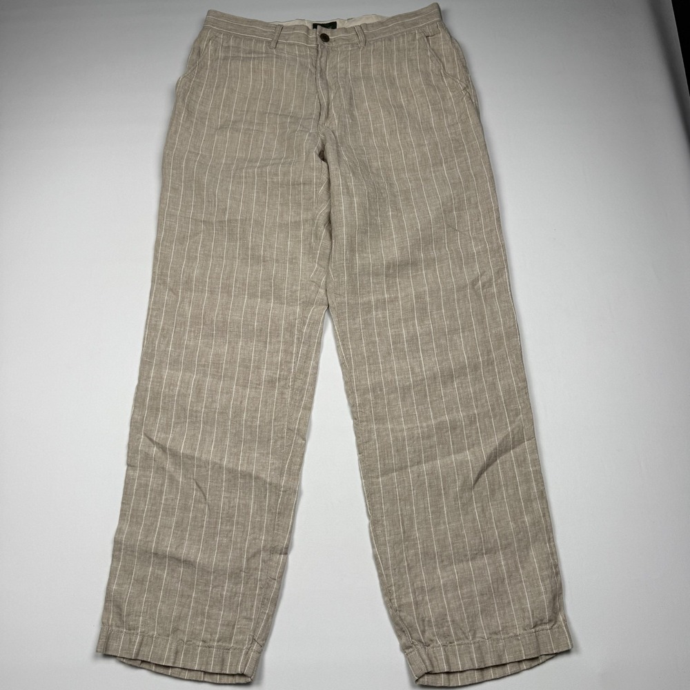 Vintage J.Crew Oarsman Pants Mens 32x30 Beige Linen Stripe Chino Straight Leg